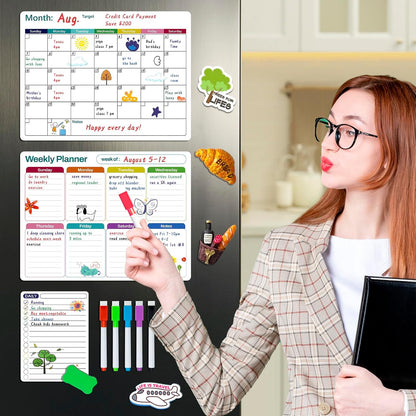 Magnetic Dry Erase Fridge Calendar Whiteboard Set,3 Pack 14.6" x 11" Reusable Refrigerator Calendar for Fridge & Wall-Monthly, Weekly,Daily Planners Refrigerator White Board with 5 Markers and Eraser