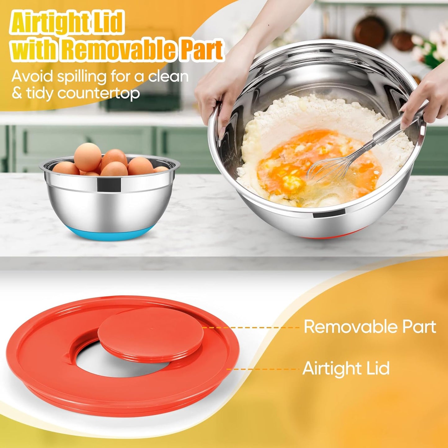 E-far Stainless Steel Mixing Bowls with Lids Set, 5-Piece Nesting Salad Bowls with 3 Grater Attachments and Non-Slip Bottoms, Size 4.6, 2.6, 2, 1.5, 1QT for Kitchen (Khaki)