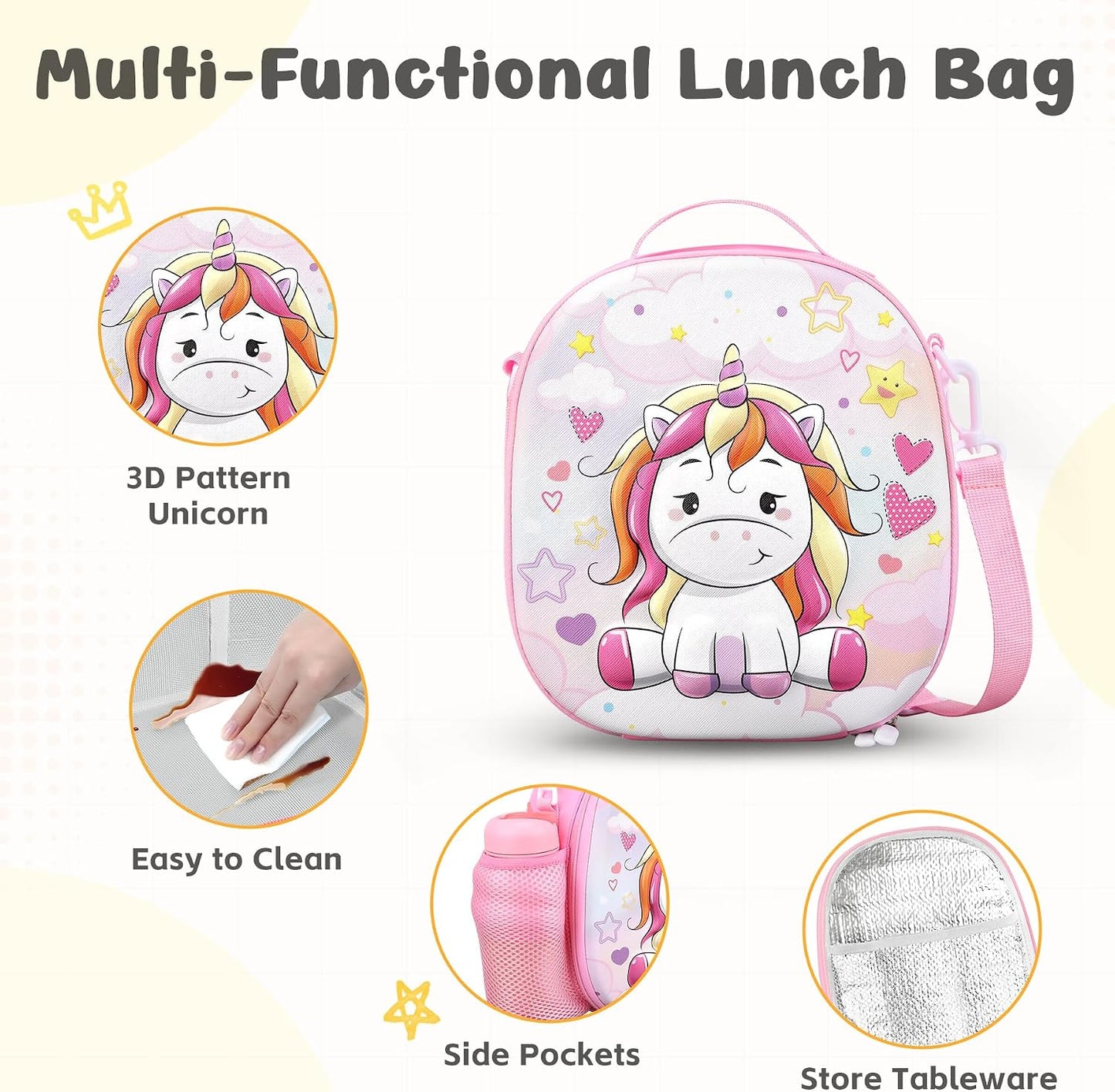 Reusable Insulated Lunch Bag for Kids Teens & Adults with Adjustable Shoulder Strap - Large Durable Lunch Bag Tote for School Travel Picnic Work - Leakproof Design Lunch Carrier (Black -3D Dinosaur)