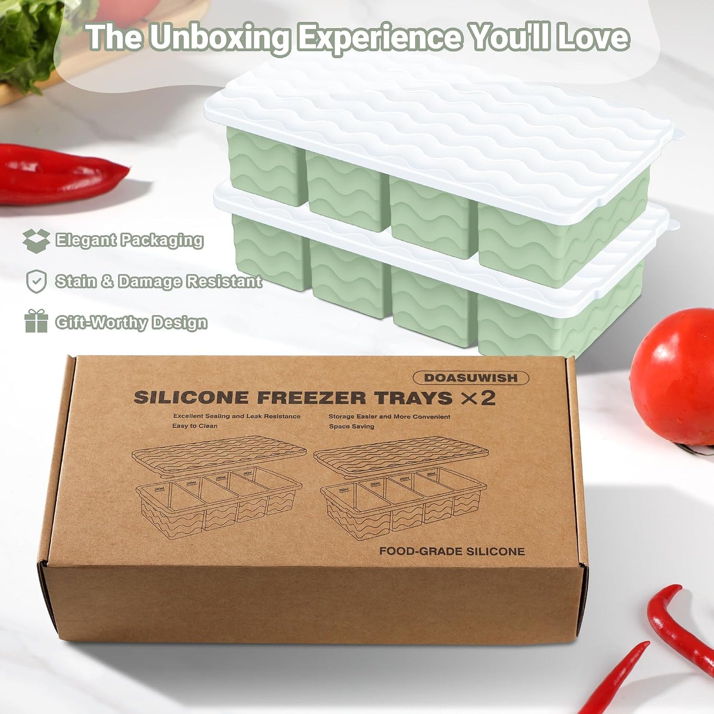 Doasuwish Silicone Freezer Molds for Soup with Lid – 1-Cup Soup Container Style Ice Cube Trays for Freezer, Meal Prep & Food Storage, Freeze 250mL/125mL Portions – 2 Pack
