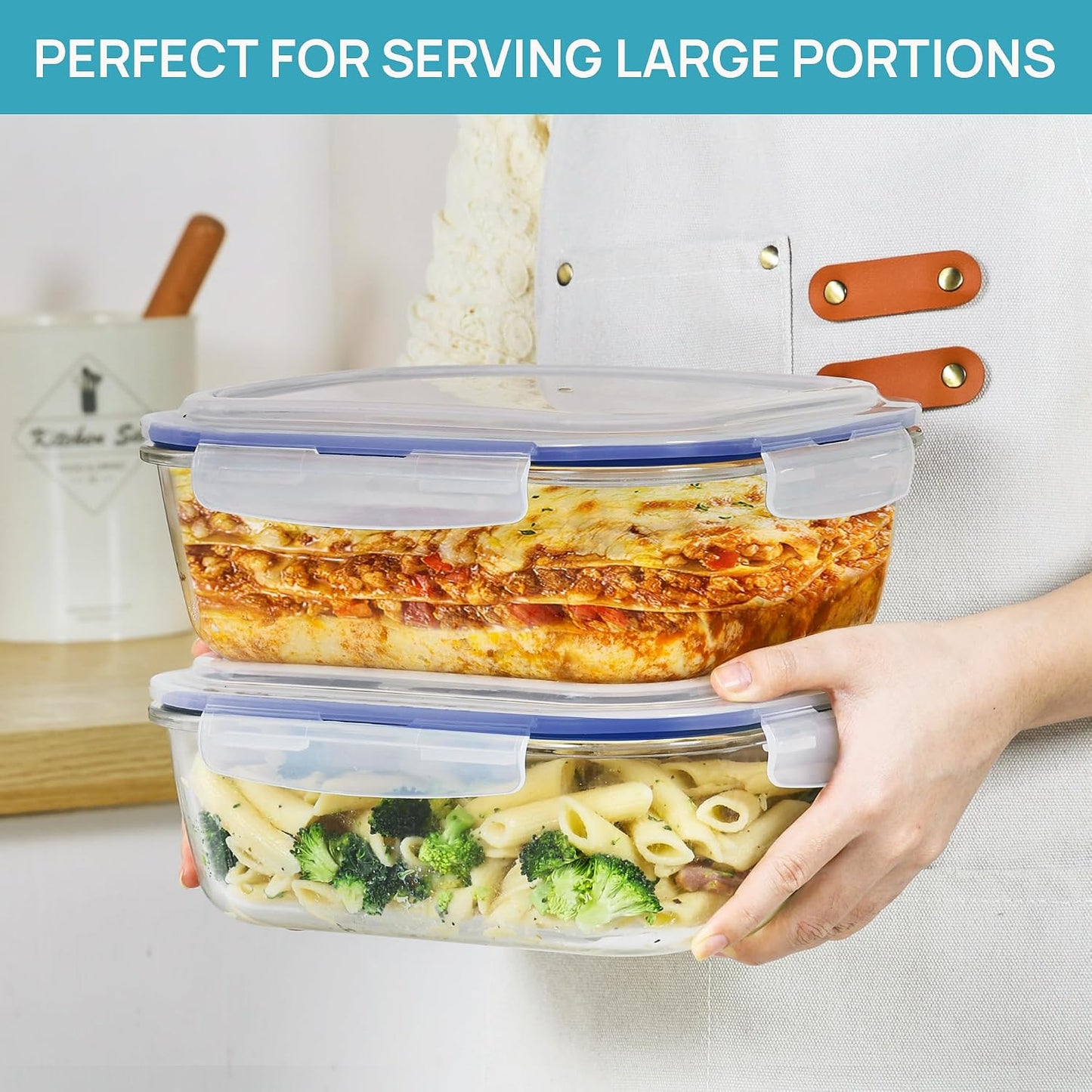 Vtopmart 2Pack 1860ml/63oz Large Glass Storage Containers with Lids, Meal Prep Food Container Set with Snap Airtight Lid for Baking, Microwave, Oven, Leak Proof, for Freezer, Dishwasher, Grey