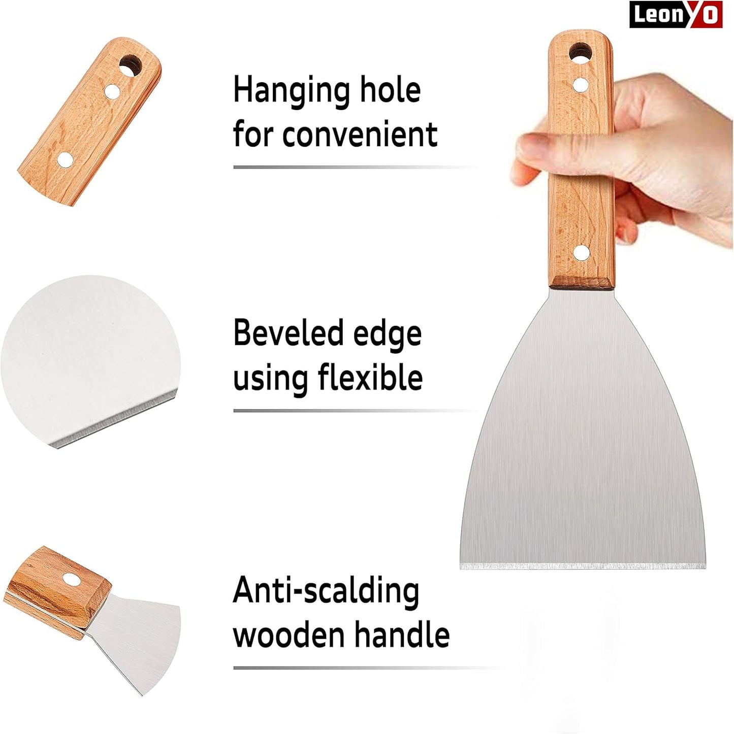 Grill Griddle Scraper Set of 2, Leonyo Stainless Steel Versatile Metal flat Top Grill Scraper for Dough Pancake Pizza Teppanyaki BBQ Home Baking Cooking, Slant Edge & Dishwasher Safe