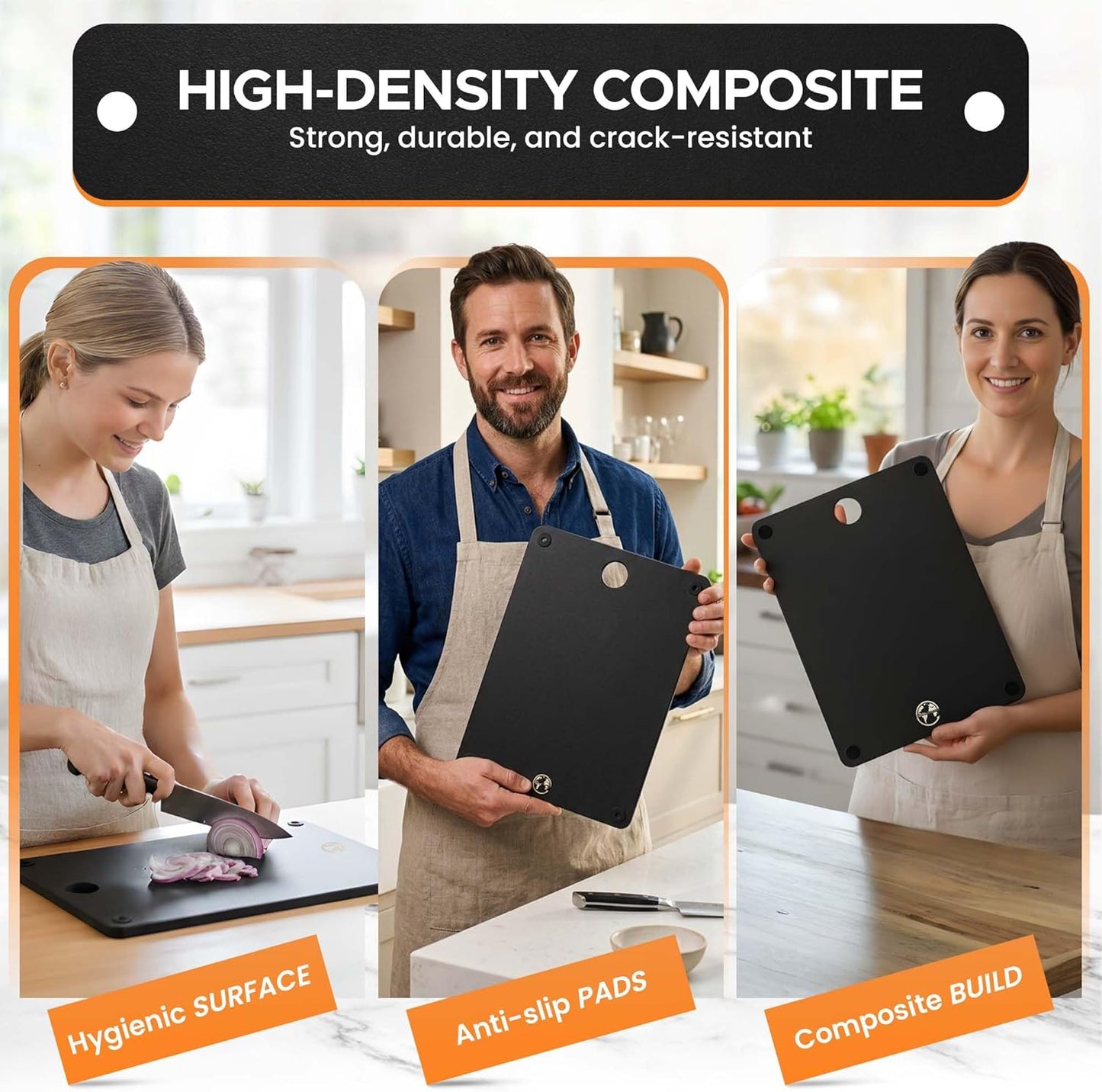 Earth's Dreams Composite Wood Cutting Board Set of 3 – Built In Juice Groove, Dishwasher Safe,Cutting Boards for Kitchen – Large, Medium & Small Non-Slip Wood Charcuterie & Chopping Boards (Tan/Black)