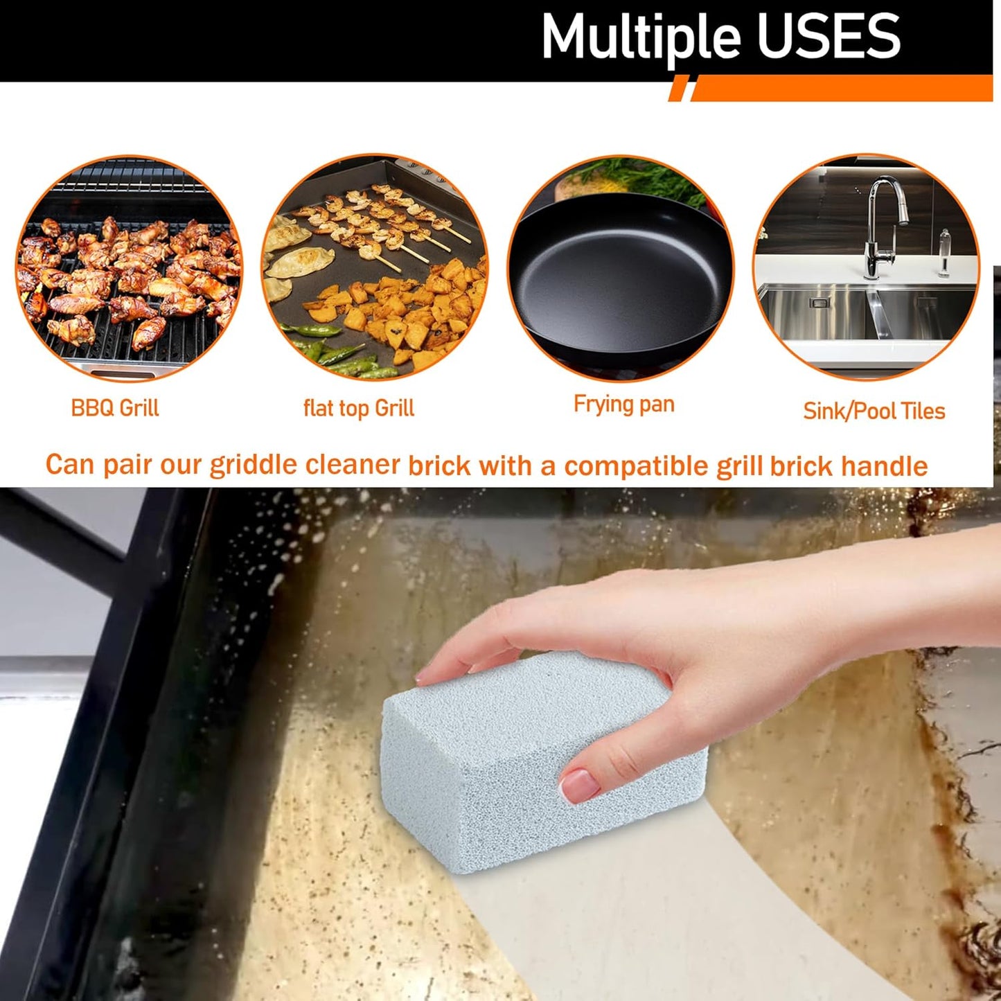 Heavy Duty Griddle Cleaning Brick with Handle, Grill Cleaner for Cleaning Flat top, Pumice Griddle Cleaning Stone Removing Stains for BBQ, Swimming Pool, Sink (5 Pack)
