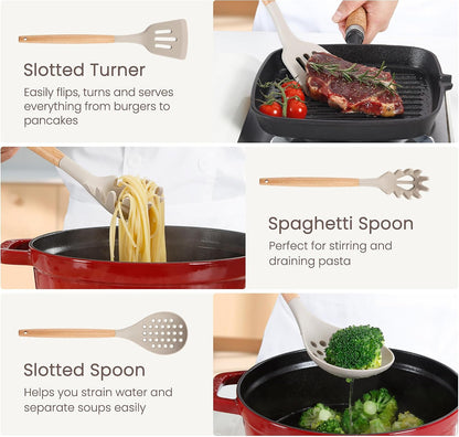 26 Pcs Silicone Cooking Utensils Set with Holder, NCUE BPA Free Kitchen Utensils Set for Cooking, 446°F Spatulas Silicone Heat Resistant Wooden Handle Spoon Tongs Non-stick Kitchen Gadgets (Khaki)