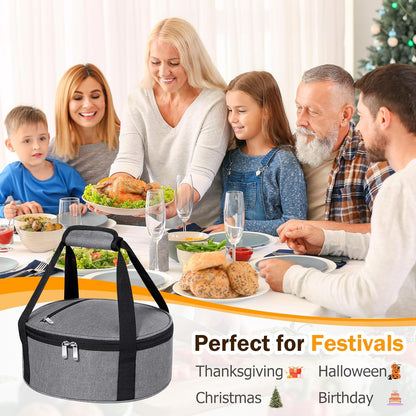 Round Insulated Casserole Carrier – 12" Portable Pie Carrier Bag for Hot or Cold Food, Leakproof Thermal Lunch Tote with Handle for Parties Picnic & Travel - Grey