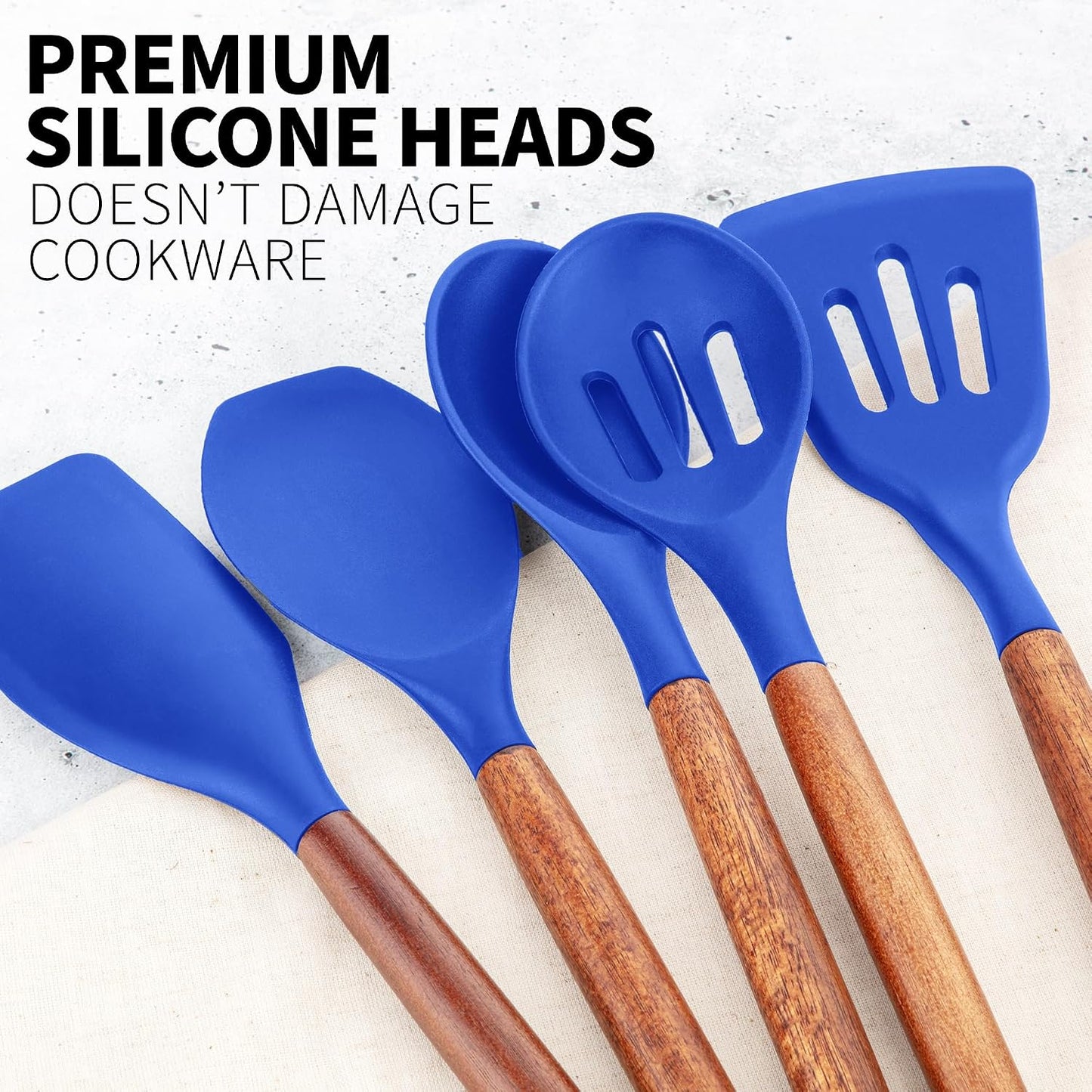 Zulay Kitchen Utensils Set Non-Stick Silicone Cooking Utensils Set with Authentic Acacia Wood Handles - 5 Piece Silicone Utensil Set - Kitchen Utensils Set with 464°F Heat Resistance - Gray