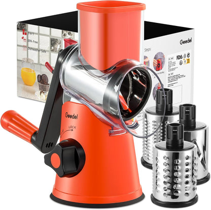 Geedel Rotary Cheese Grater, Kitchen Mandoline Vegetable Slicer with 3 Interchangeable Blades, Easy to Clean Rotary Grater Slicer for Cheese, Vegetables, Nuts