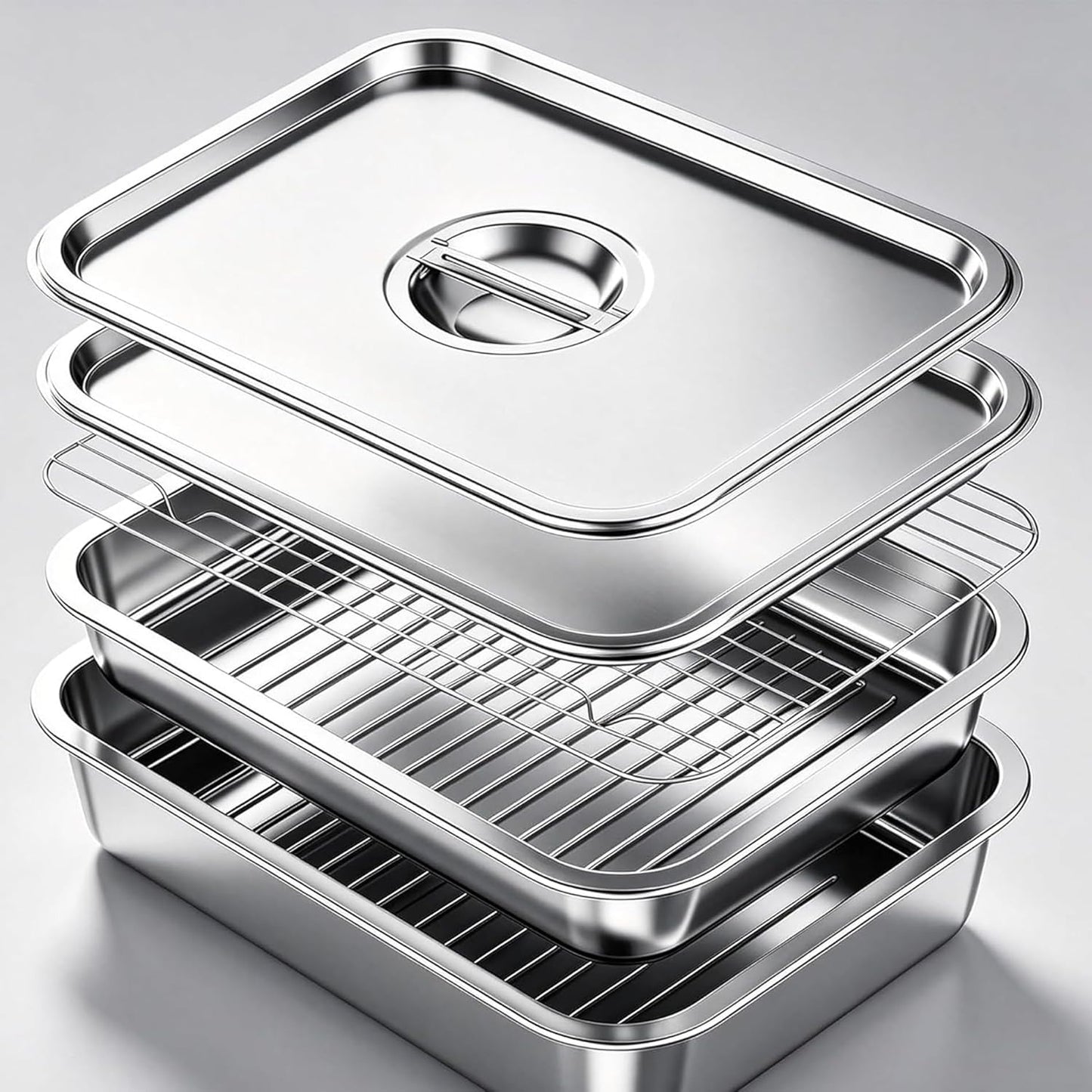 Grill Prep Tray & Serving Tray Set with Lids –5-Piece Grill Carry System for Marinating, Carrying & Serving, Stainless Steel BBQ Trays, BBQ Prep Grill Pan with 2 Lids and 1 Rack