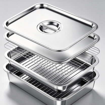 Grill Prep Tray & Serving Tray Set with Lids –5-Piece Grill Carry System for Marinating, Carrying & Serving, Stainless Steel BBQ Trays, BBQ Prep Grill Pan with 2 Lids and 1 Rack