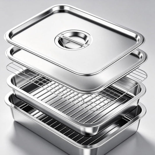 Grill Prep Tray & Serving Tray Set with Lids –5-Piece Grill Carry System for Marinating, Carrying & Serving, Stainless Steel BBQ Trays, BBQ Prep Grill Pan with 2 Lids and 1 Rack