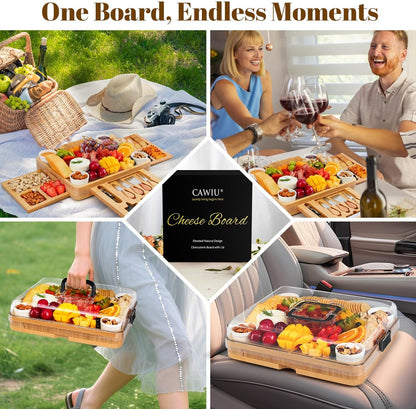 CAWIU Charcuterie Board with Lid – Large Bamboo Cheese Board Set with Utensils & Drawers – Housewarming, Wedding Gifts for Couples, Serving Tray with Cover (Cream)