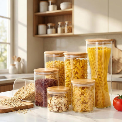 Extra Large Square Glass Flour & Sugar Storage Containers with Airtight Lids, 168 floz - 2 Pack Glass Jars with Bamboo Lids for Pantry, Air tight Food Storage Containers for Cereal, Pasta, Rice