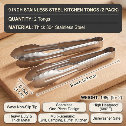 Wavy Tip Stainless Steel Cooking Tongs, Seamless One-Piece Design, Heatproof 304 Metal Tongs for Kitchen,Grill,Camping,Buffet,Dishwasher Safe,2 Pack 9 Inch Set