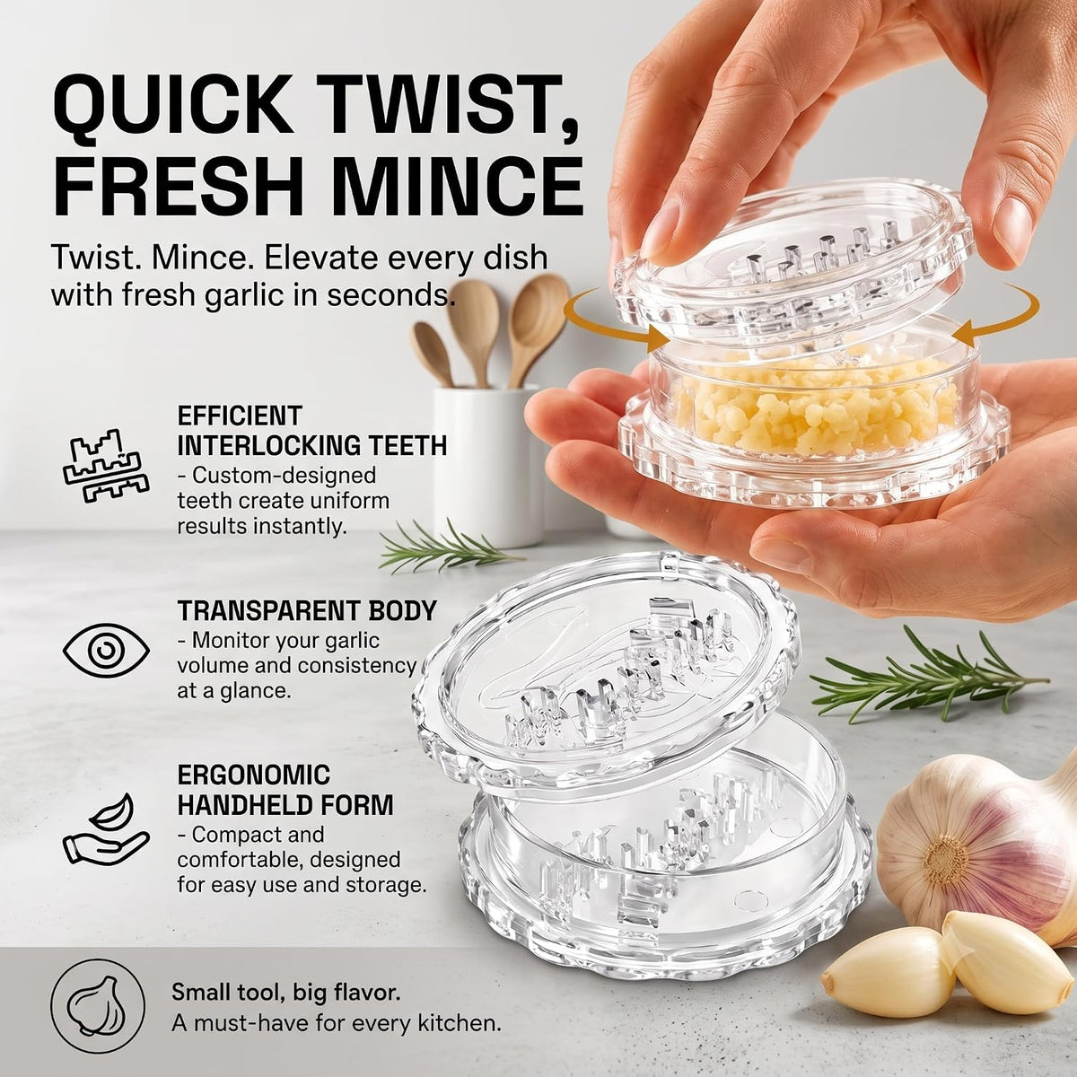 2pcManual Garlic Twister,Manual Garlic Crusher and Mincer, Transparent Twisting Garlic Chopper Tool, Multi-Functional Handheld Grinder for Ginger, Nuts, Herbs and Spices, Easy to Clean Kitchen Gadget