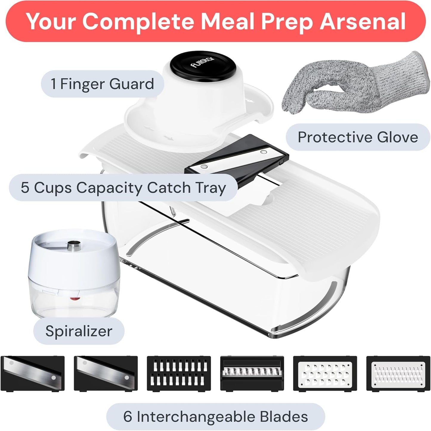 Fullstar Mandoline Slicer for Kitchen, Fruit Cutter, Cheese Grater, Cucumber Slicer, Veggie Spiralizer, Food Cutter & Kitchen Gadgets & Gifts with Safety Glove (11 in 1, White)