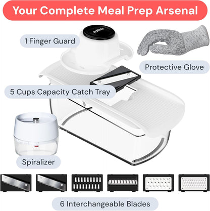 Fullstar Mandoline Slicer for Kitchen, Fruit Cutter, Cheese Grater, Cucumber Slicer, Veggie Spiralizer, Food Cutter & Kitchen Gadgets & Gifts with Safety Glove (11 in 1, White)
