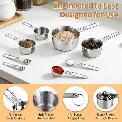 YC Kitchen Measuring Cups and Spoons Set, 8-Piece, Stainless Steel | Metal Handles, Stackable Design, for Dry and Liquid Ingredients - Dishwasher Safe for Cooking & Baking