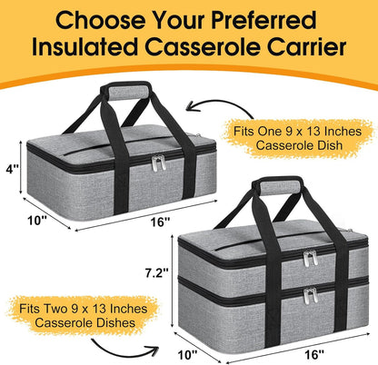 Insulated Casserole Carrier, Portable Casserole Carrier for Hot or Cold Food Lunch Tote Warmer or Cooler Bag, Lasagna Lunch Bag for Potluck Parties- Fits 9" x 13" Baking Dish-Charcoal Grey