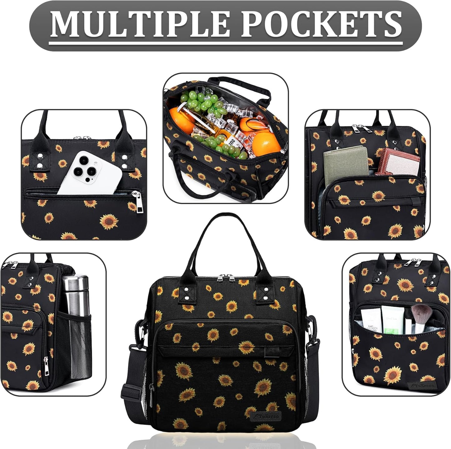 TuErCao Small Lunch Bag Lightweight Insulated Lunch Box for Women Work Portable Soft Cooler for Picnic Travel Road Trips, Loncheras para Mujer, Black