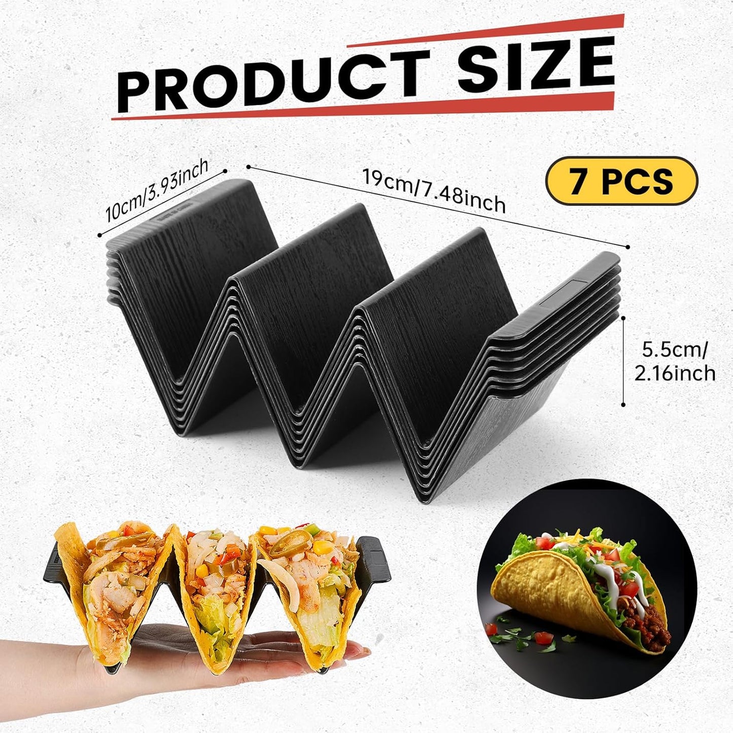 7 Pcs Taco Holder Stands, Black Large Tray Plates Plastics Holder for Baking, Dishwasher and Microwave Safety
