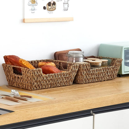 LGEHOOM Seagrass Wicker Storage Baskets Open-Front Pantry Baskets With Handles Handwoven Rattan Shelf Baskets for Organizer and Storage, 2 Pack