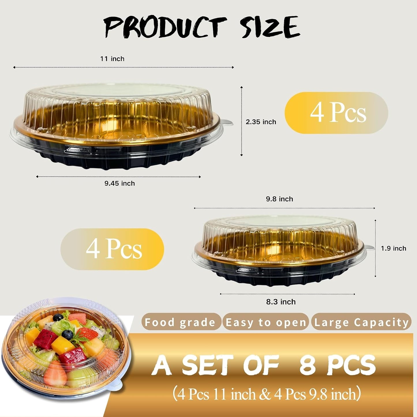 Disposable Pie Carrier with Clear Lid, 9.8 Inch Gold Plastic Serving Tray, Round Pies Holder for Pizza Dessert Salad Fruit Baking Meal Prep, 8 Pack