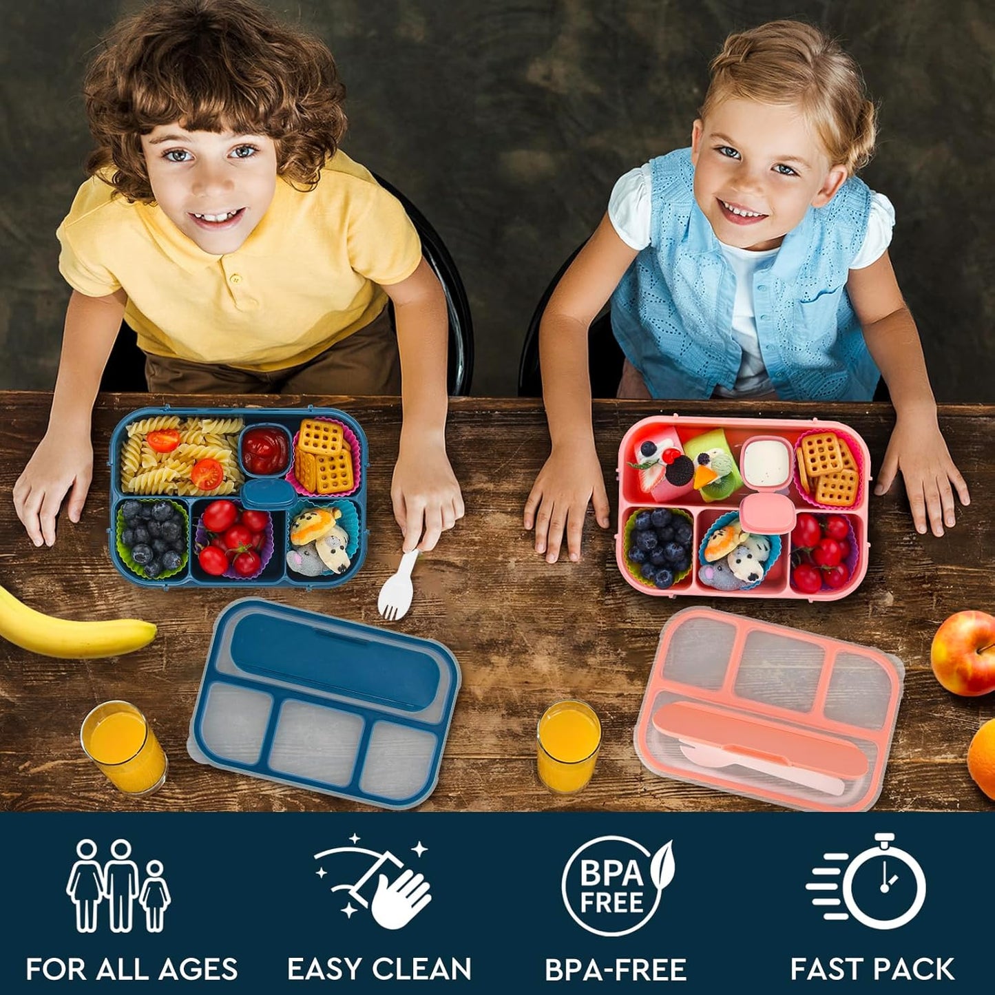 MaMix Bento Lunch Box for Kids, Lunchable Containers for Kids Adults with 4 Compartments + Lunch Bag, with Utensils, Sauce Jar, Muffin Liners (blue set)
