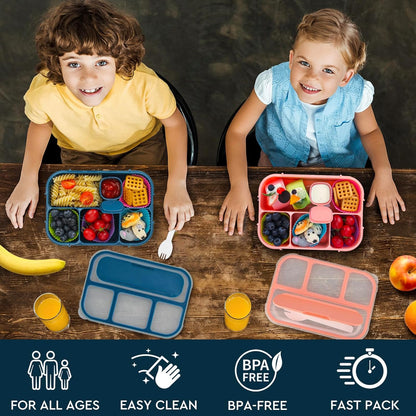 MaMix Bento Lunch Box for Kids, Lunchable Containers for Kids Adults with 4 Compartments + Lunch Bag, with Utensils, Sauce Jar, Muffin Liners (blue set)