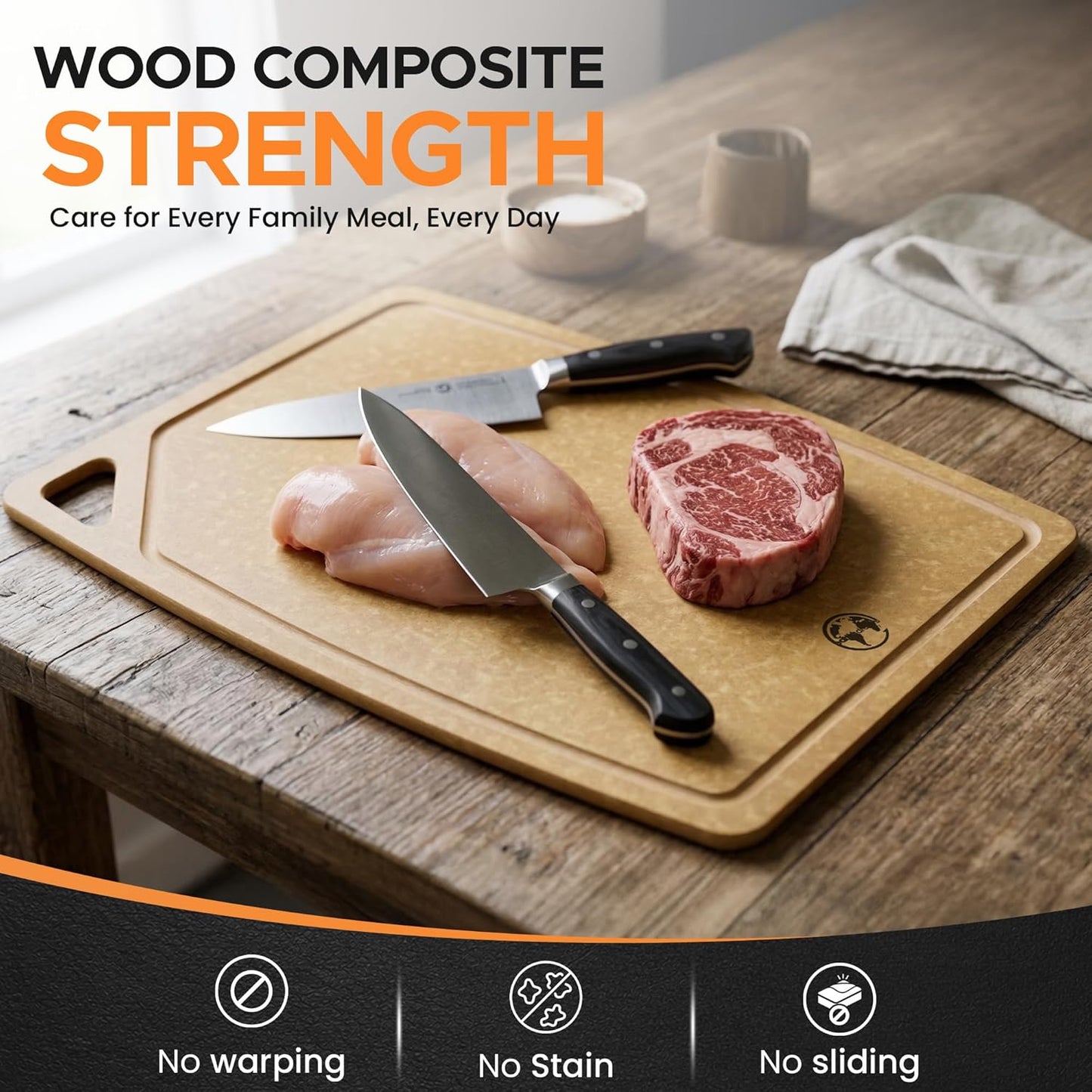 Earth's Dreams Composite Wood Cutting Board Set of 3 – Built In Juice Groove, Dishwasher Safe,Cutting Boards for Kitchen – Large, Medium & Small Non-Slip Wood Charcuterie & Chopping Boards (Tan/Black)