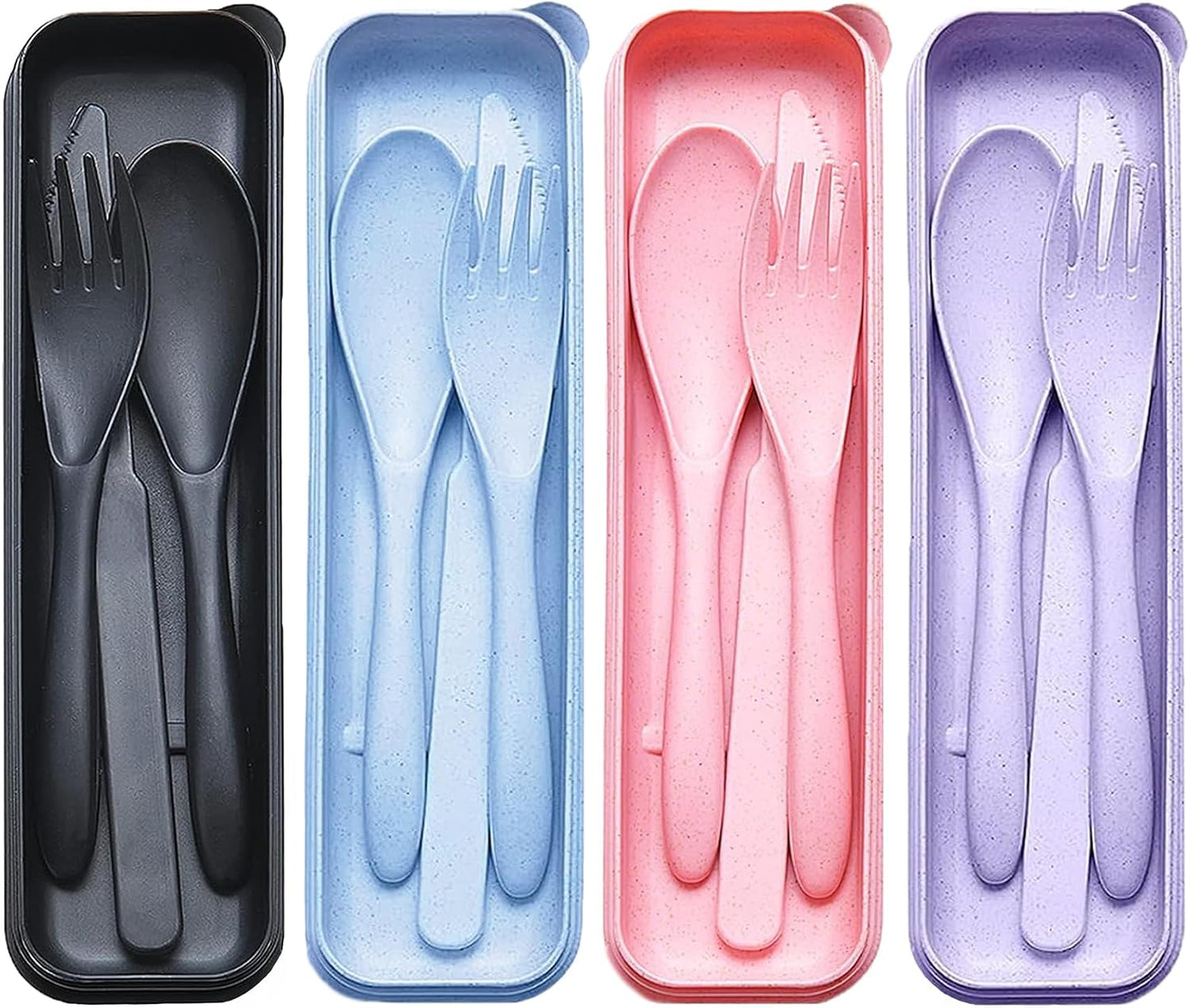 Reusable Travel Utensils Set with Case, 4 Sets Wheat Straw Portable Plastic Fork Spoons Knife Cutlery, Camping Eco-Friendly BPA Free Tableware for Kids Adults Work Picnic or Daily Use (Colorful)