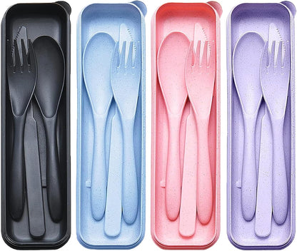 Reusable Travel Utensils Set with Case, 4 Sets Wheat Straw Portable Plastic Fork Spoons Knife Cutlery, Camping Eco-Friendly BPA Free Tableware for Kids Adults Work Picnic or Daily Use (Colorful)