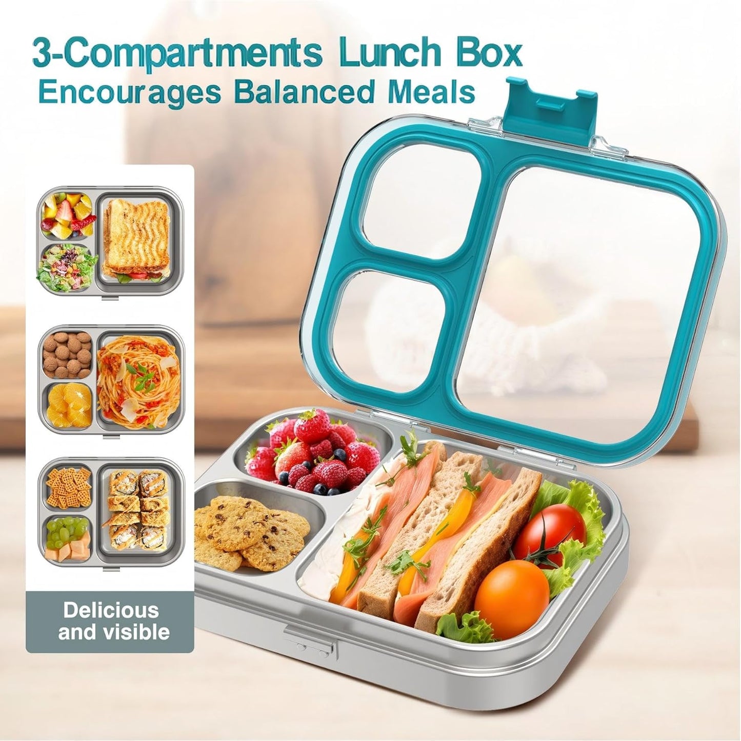 HOMEKOL Stainless Steel Bento Lunch Box, 3-Compartment Leak-Proof Lunch Container for Kids & Adults, BPA/BPS-Free 304 Metal Food Box, Dishwasher Safe, Clear Tritan Lid, Green (Not Insulated)