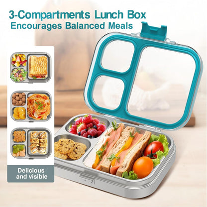 HOMEKOL Stainless Steel Bento Lunch Box, 3-Compartment Leak-Proof Lunch Container for Kids & Adults, BPA/BPS-Free 304 Metal Food Box, Dishwasher Safe, Clear Tritan Lid, Green (Not Insulated)