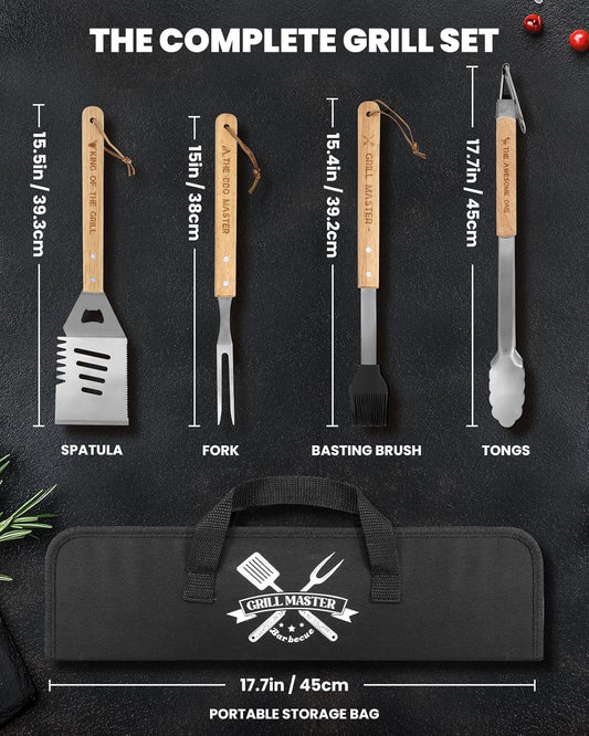 4PCS Grilling Accessories BBQ Tools - Stainless Steel Grill Set with Tongs, Fork, Spatula, Brush, Carrying Bag, Birthday for Men, Father, Husband