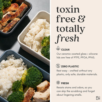 Ceramic Coated Glass Food Storage Container | No PTFE, PFOA, PFAS, and BPA | Reusable Non Toxic Meal Prep Container with Glass Lid | Easy To Store | 3 Cup Rectangle [Onyx]