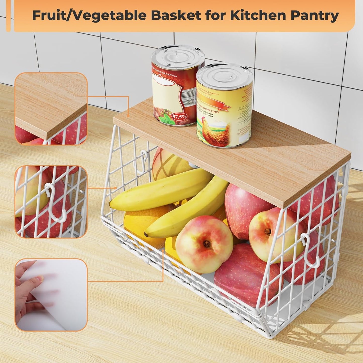White Fruit Bowl Wire Basket Storage Pantry Fruit and Vegetable Storage Fruit Basket for Kitchen Counter Stackable Wall Mounted Hanging Basket Wire Basket with Wood Lid with Hanger Hooks