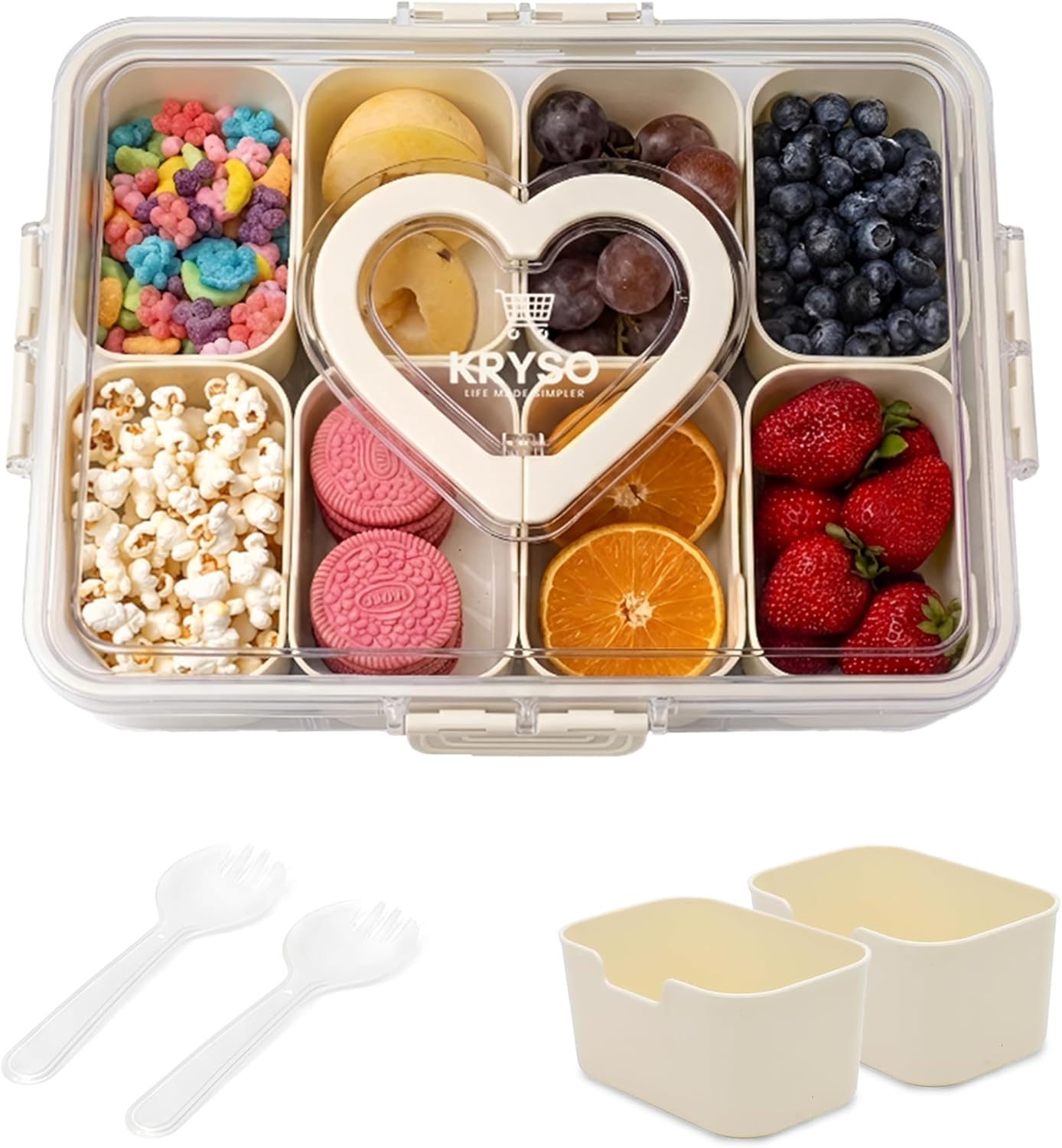 KRYSO 8-in-1 Snack Tray with Lid & Handle, Divided Serving Dishes, Trays & Platters– Leak-Proof, Portable Food Organizer Box with Silicone Seal & Removable Sections for Parties, Travel & Everyday Use