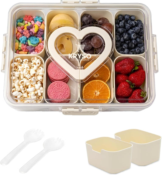 KRYSO 8-in-1 Snack Tray with Lid & Handle, Divided Serving Dishes, Trays & Platters– Leak-Proof, Portable Food Organizer Box with Silicone Seal & Removable Sections for Parties, Travel & Everyday Use