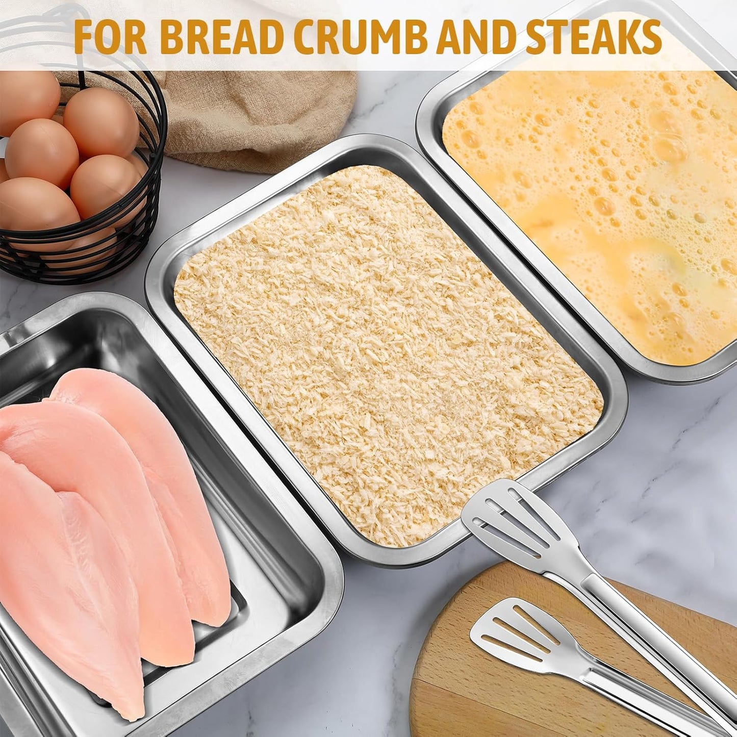 Mumufy Breading Trays Set of 3 Large Stainless Steel Breading Pans with Tong for Dredging Chicken Breasts and Marinating Meat, Food Prep Trays for Breadcrum Dishes (10.63 x 7.87 x 1.9 Inches)