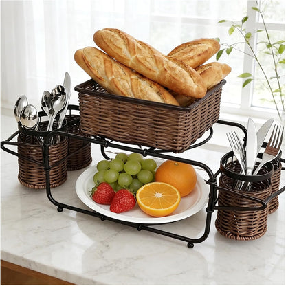 Woven Utensil Caddy with Napkin Holder, Countertop Organizer for Cutlery, Condiments, Picnic & Party SuppliesUtensils, Napkins - Ideal for Kitchen, Dining, Entertaining, Parties, Picnics
