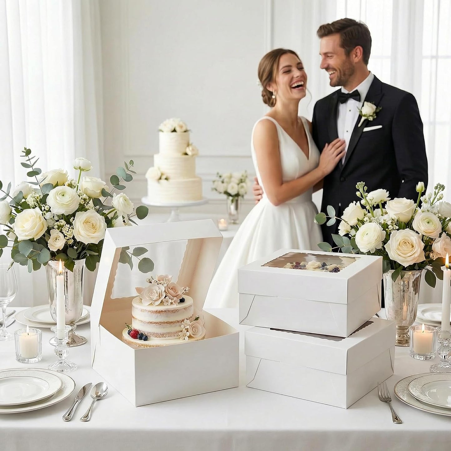 3 Pack 10x10x5 Inch White Cake Boxes with Window and Lids – Disposable Bakery Boxes for Cakes, Donuts, Pies, Cookies – No Cake Boards Included – Birthday, Wedding, Party Supplies