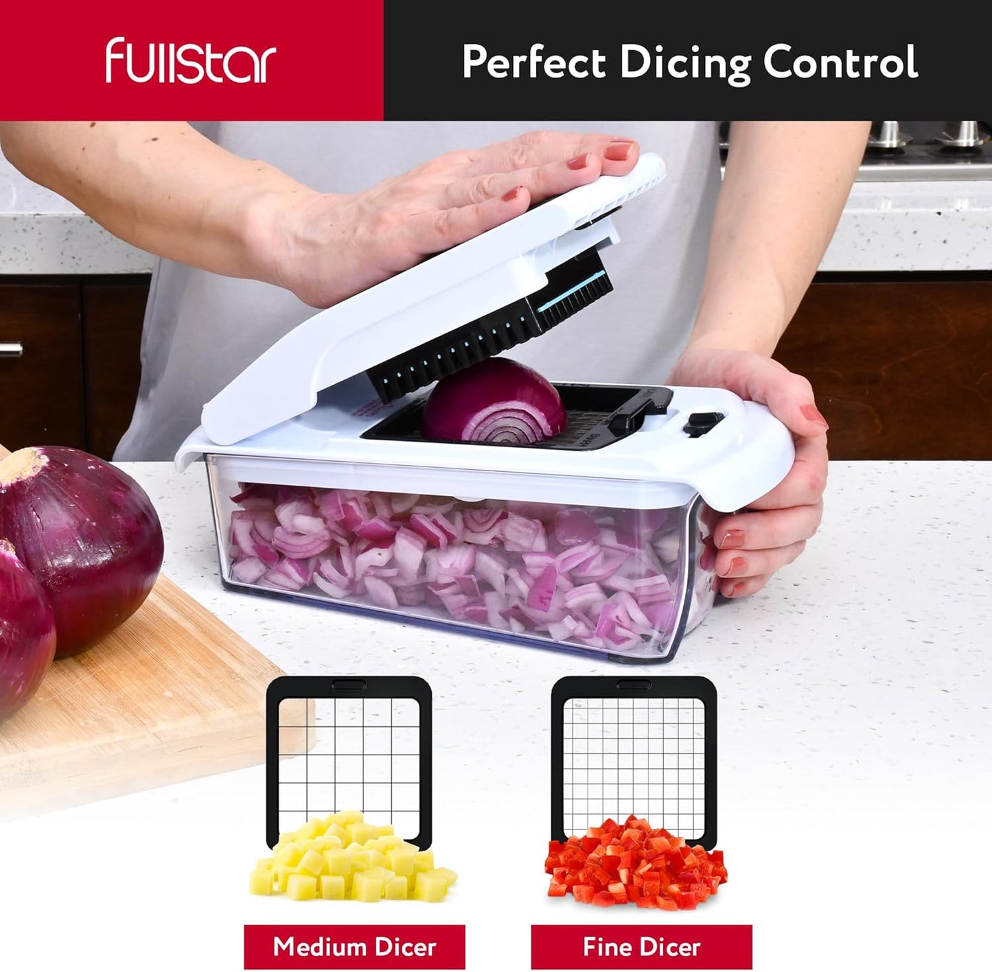 Fullstar Core Vegetable Chopper - Chop and Slice Lid - Food Chopper with Container, Veggie Chopper, Fruit Slicer, Onion Dicer - Meal Prep Essential - Kitchen Gadgets and Gifts (6-in-1, White/Black)