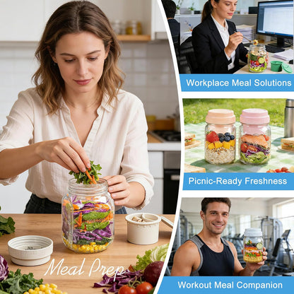 [UPGRADE] 4 Pack Glass Salad Container for Lunch, Salad Jars with Silicone Dressing Cup & Airtight Lid & Fork for Meal Prep, Wet/Dry Separation Divider for Salad Dressing and Dry Ingredients Mason Jar