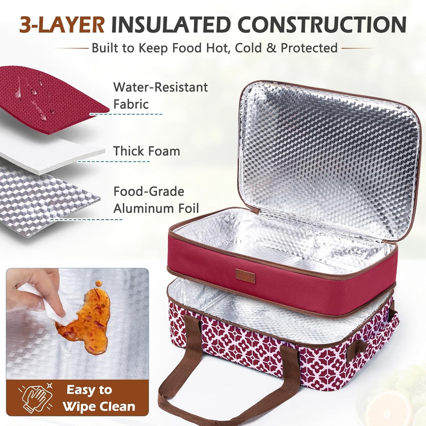 Double Layer Insulated Casserole Carrier, Fits 9" x 13" Baking Dish, Food Transport Carrier with Utensil Pocket for Hot & Cold Dishes, Reusable Potluck Tote for Thanksgiving, Parties&Family Gatherings
