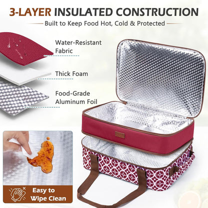Double Layer Insulated Casserole Carrier, Fits 9" x 13" Baking Dish, Food Transport Carrier with Utensil Pocket for Hot & Cold Dishes, Reusable Potluck Tote for Thanksgiving, Parties&Family Gatherings