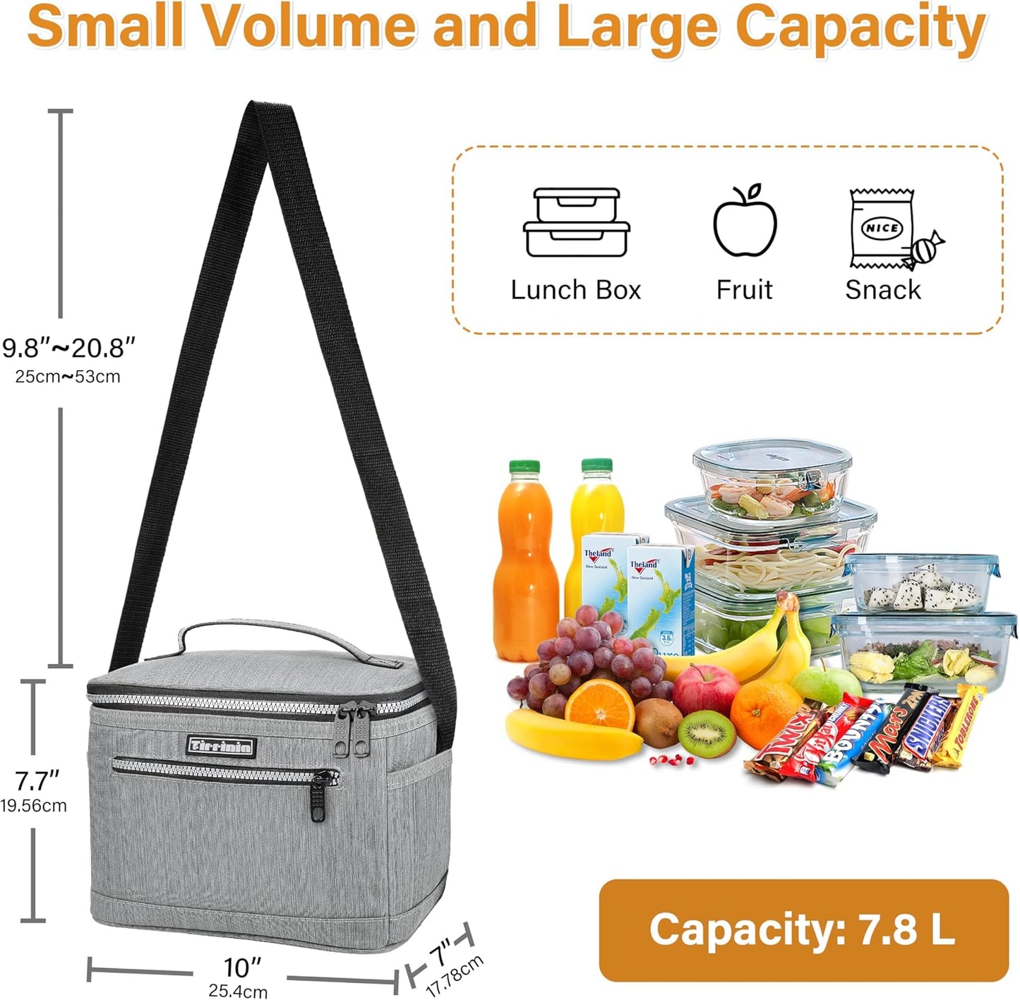 Tirrinia Insulated Lunch Box for Men/Women, Leakproof Lunch Bag for School Work, Large Lunch Tote Kids Boys Girls Student Back to School, Soft Cooler Office Picnic Beach Camping for Adults, Charcoal