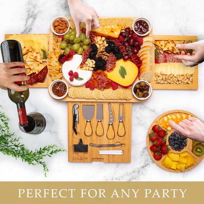 Zulay Kitchen Premium Bamboo Charcuterie Board - Extra Thick Bamboo Board with 4 Piece Knife Set - Perfect for Charcuterie, Wine and Cheese