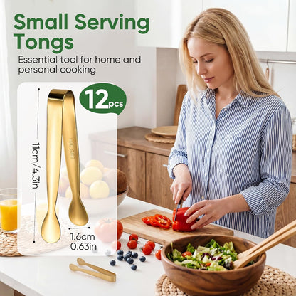 12 Pcs Gold Serving Tongs, Stainless Steel Ice Tongs Mini Sugar Tongs for Kitchen Appetizers, Party. Ting Tongs for Serving Food, Ice, Sugar Cube, Salad, Desserts