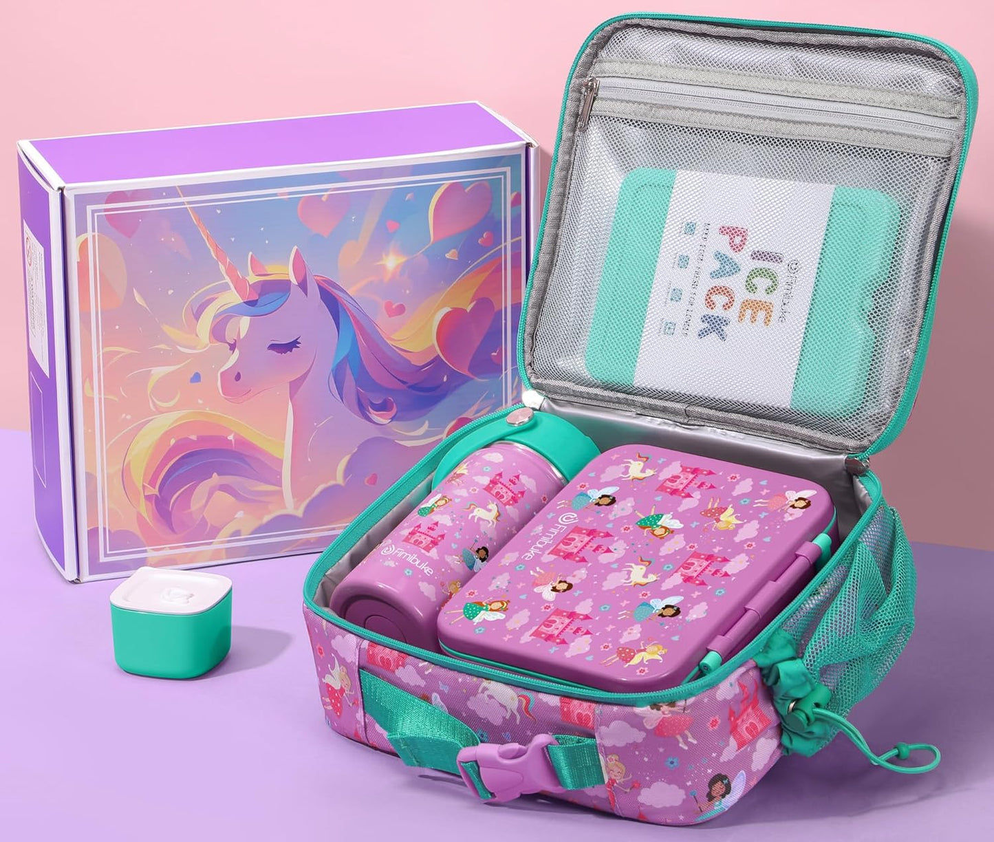 Fimibuke Bento Lunch Box for Kids - Toddler Snack Bento Box Container with 3 Compartments, Stainless Steel Water Bottle, Insulated Lunch Bag, Ice Pack Set for Ages 3-12 Girl Boy Daycare Back to School